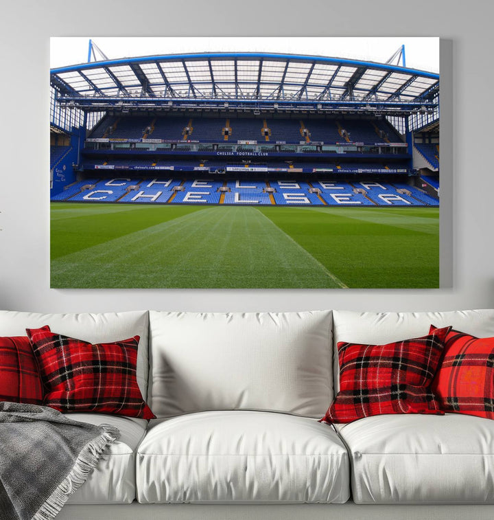 The Chelsea FC Soccer Team Print - Stamford Bridge Stadium Wall Art Canvas Print hangs elegantly, bringing the thrill of the game into your living room.