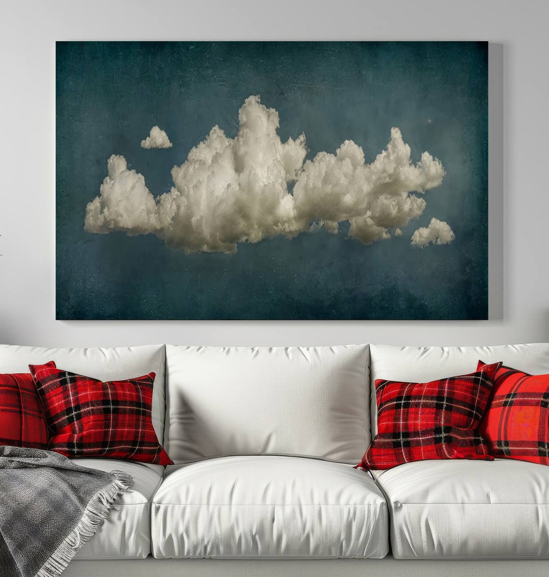 The Vintage Green Clouds Wall Art Canvas Print, set against a teal backdrop, showcases breathtaking canvas artwork with a gallery-quality finish.