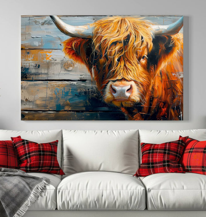 The Highland Cow Abstract Canvas Wall Art, a bold piece of farmhouse rustic decor, adds charm to the modern living room.