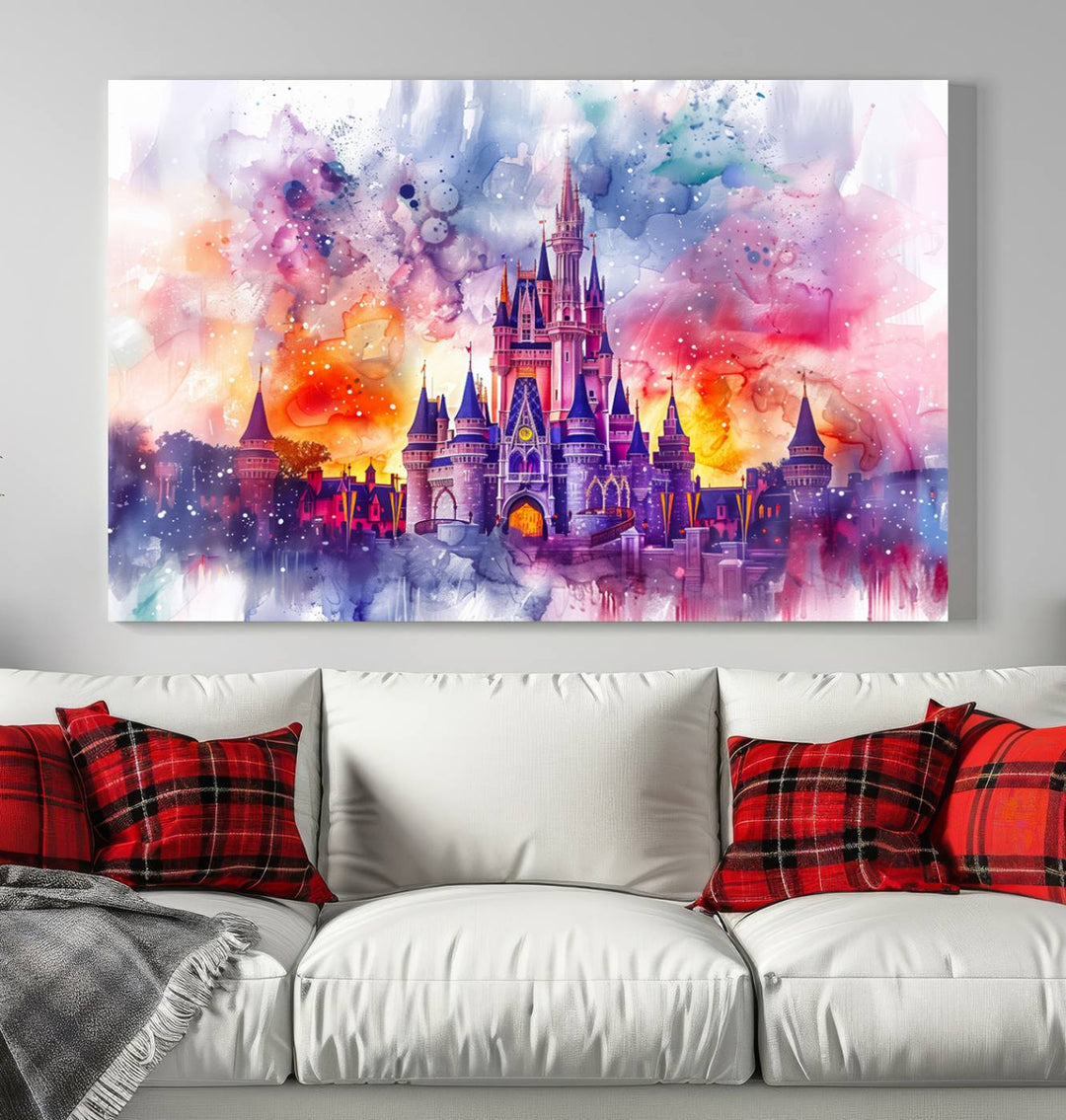 A vibrant piece of wall art depicting the Cinderella Castle from Disneyland, presented as a watercolor painting on premium canvas, is displayed.