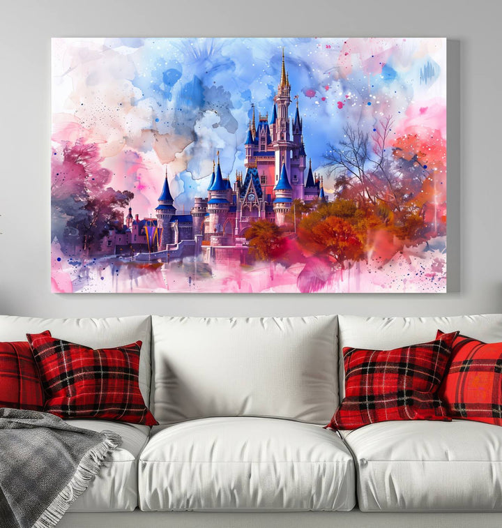 The Disney Wall Art: Dreamy Watercolor Cinderella Castle Canvas Print features a fairy-tale castle with vibrant pink, blue, and purple hues. Expertly handmade in the USA, this premium canvas wall art adds a touch of enchantment to any room.