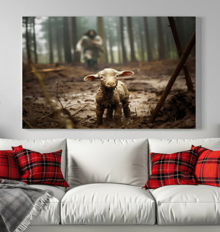 Jesus Running After a Lost Lamb Canvas Wall Art Print