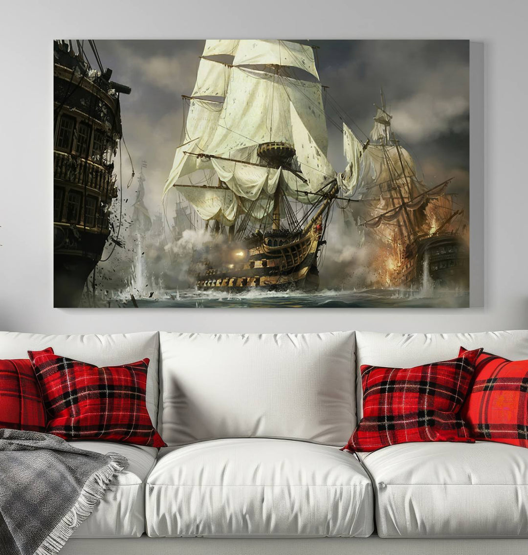 The Pirate Ship War Wall Art Canvas Print, featuring a stunning three-panel depiction of an intense sea battle with tall ships, boasts a gallery-quality finish that adds an elegant touch to its display.