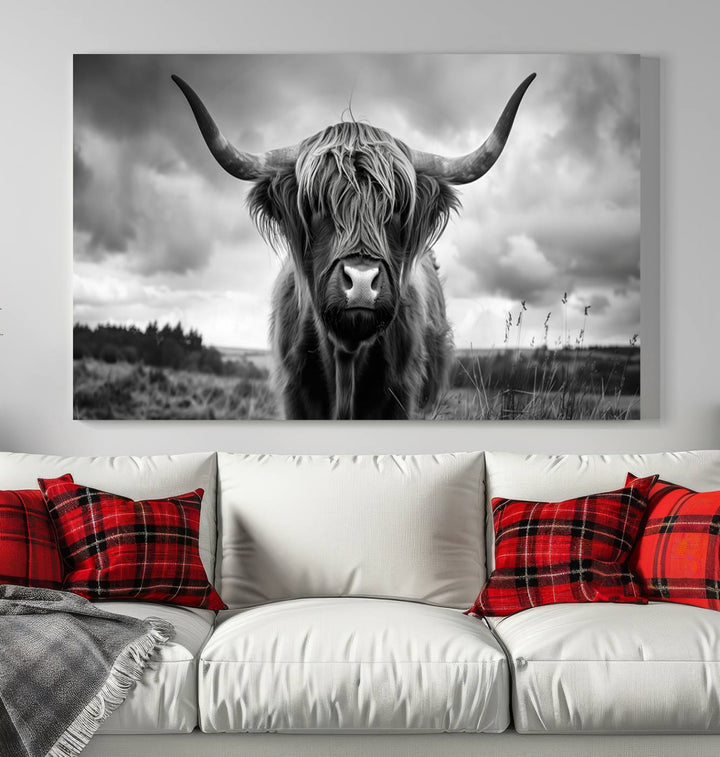 A stunning gallery-quality piece, the "Scottish Cow Wall Art Canvas Print | Longhorn Wall Art | Bighorn Animal Wall Art," depicts a Highland cow with long horns and shaggy fur. This captivating wall art elegantly enhances the space.