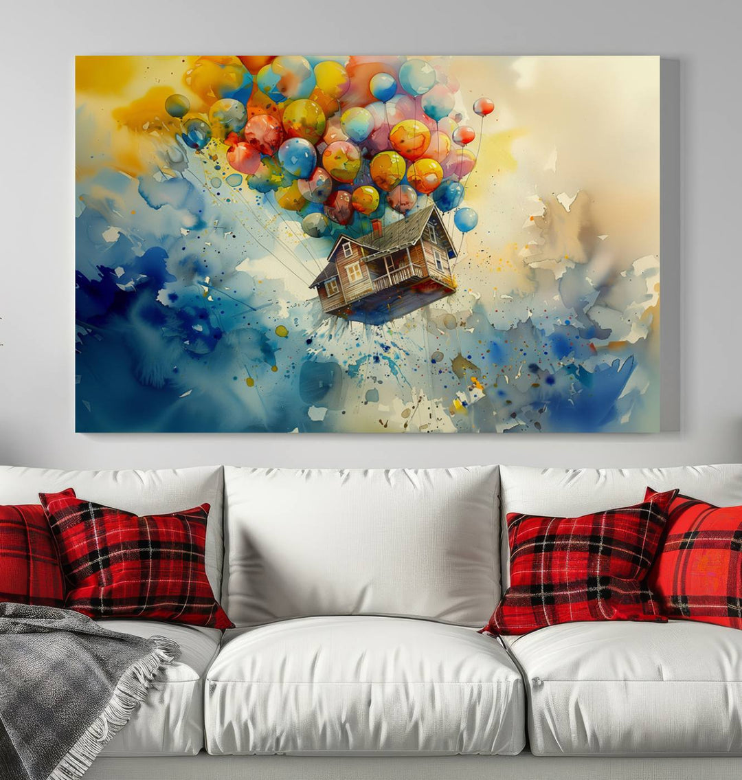 The Cartoon Movie Wall Art Canvas Print, featuring a vibrant house lifted by balloons and split across three panels, serves as captivating wall art. Handmade in the USA, it adds charm and whimsy to any space.