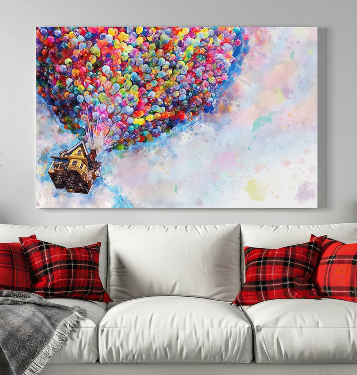 The "Watercolor Cartoon Movie Balloons Canvas Print" is showcased, depicting a whimsical house being lifted by colorful balloons. This triptych wall art is crafted on museum-quality canvases with a UV-protective coating to maintain its vibrant colors, making it ready to hang in any room.