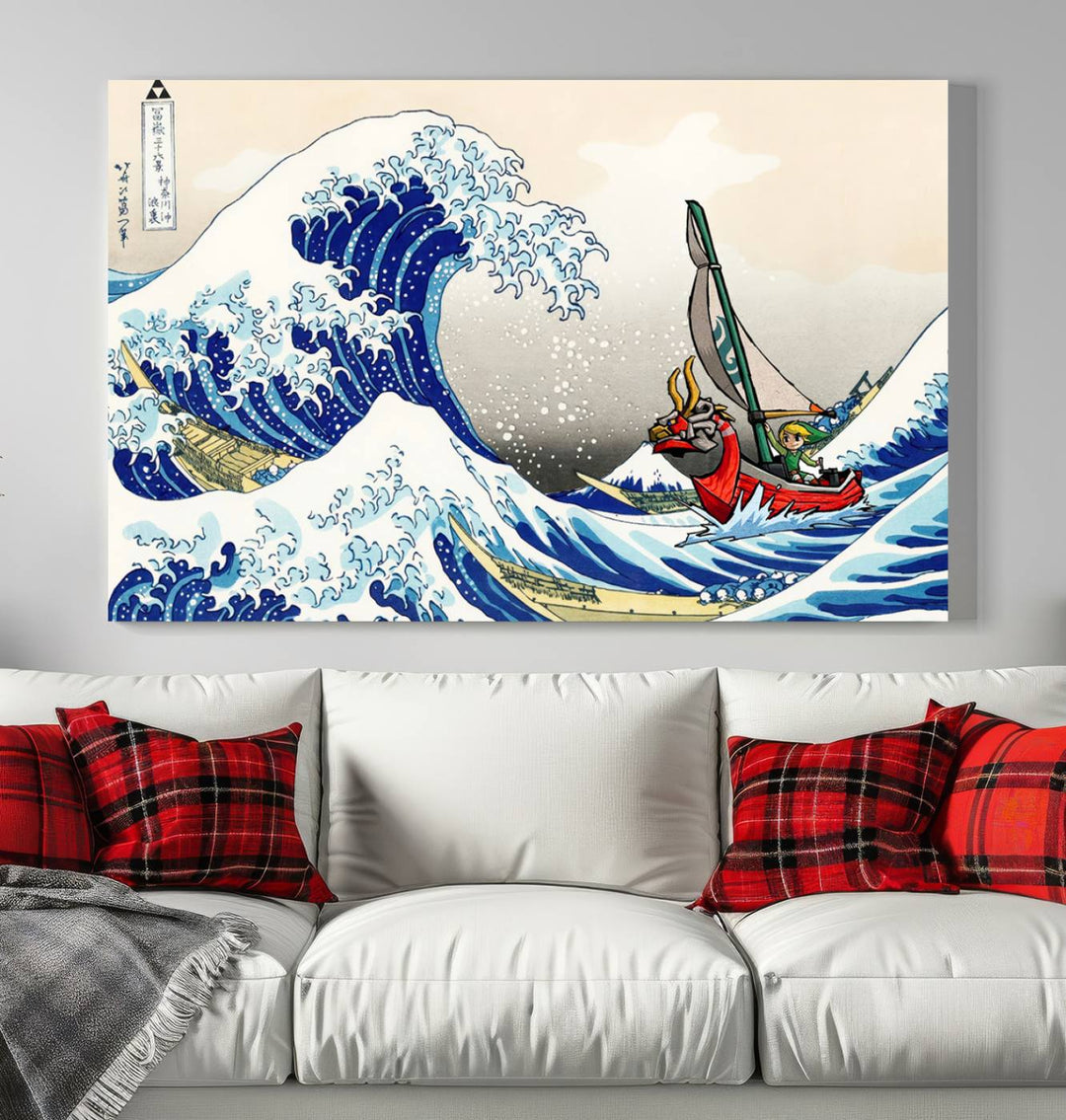 The Katsushika Hokusai Kanagawa Giant Wave Wall Art Canvas Print, featuring iconic Japanese art, brings a touch of modern artistry to the living room.