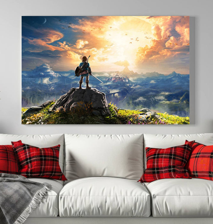 The Legend of Zelda Breath of the Wild Game Wall Art Canvas Print showcases a fantasy landscape with a character on a cliff, all rendered in gallery-quality finish on premium canvas.