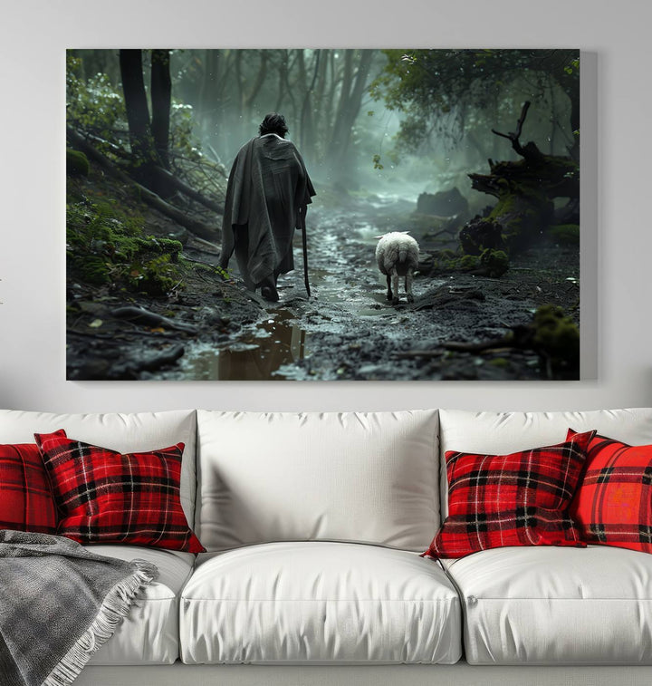 The "Forest Jesus Shepherd Canvas Wall Art" features a person with a cane, clothed in a cloak, walking beside a sheep through a misty forest. This piece captures tranquility and is ideal for adding serenity to your living room, office, or bedroom decor.