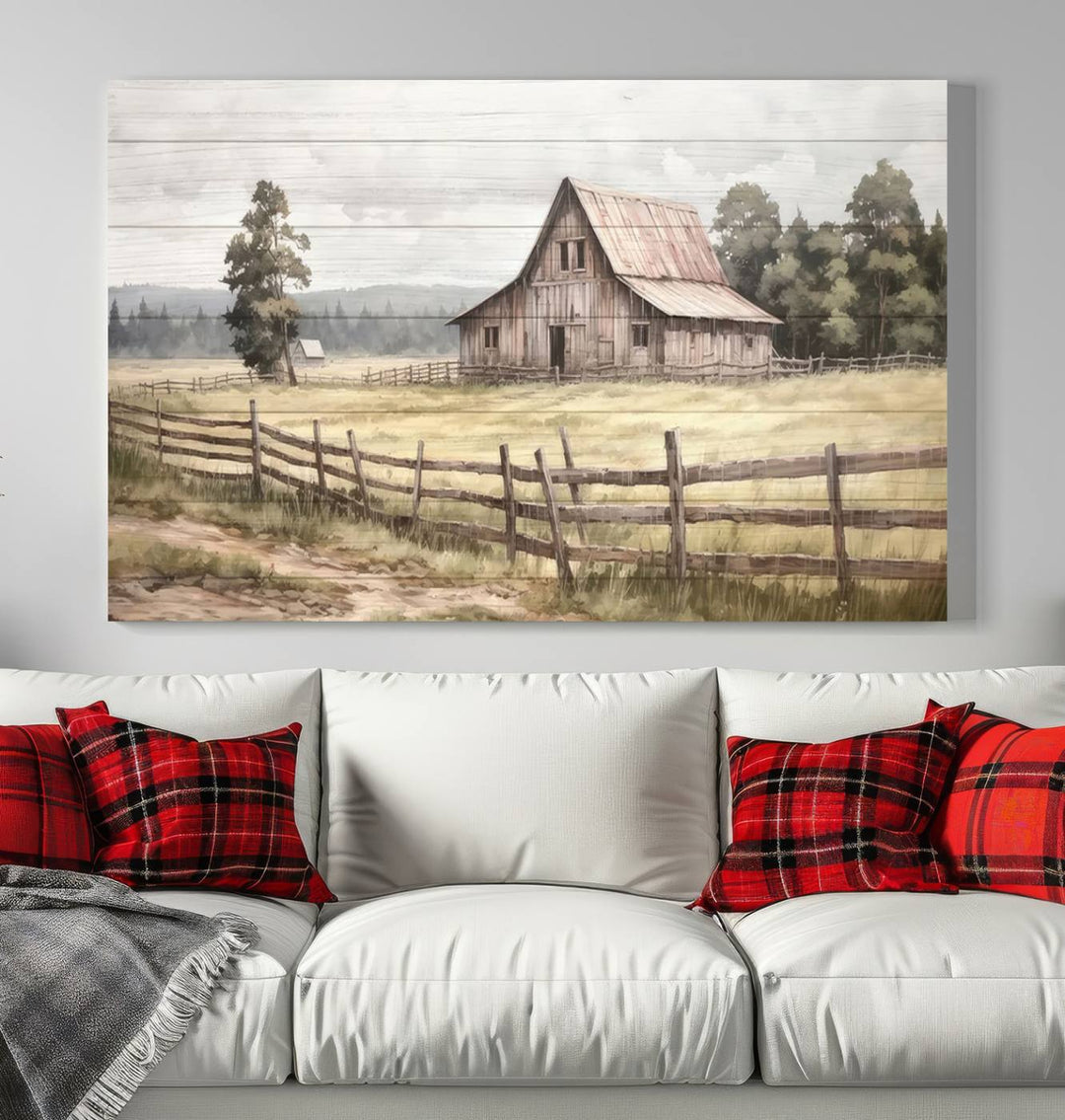 The three-panel framed gallery wrap giclee canvas print, titled "Rustic Farmhouse Barn Wall Art," showcases a country landscape with a wooden fence.