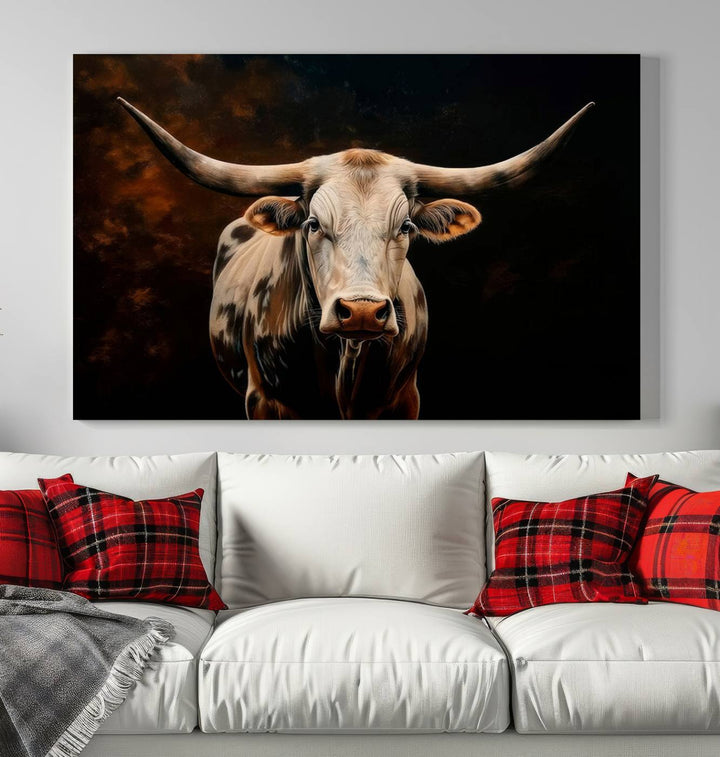 The Texas Longhorn Wall Art, a 3-panel large canvas print, infuses the room with a dash of cowboy charm.