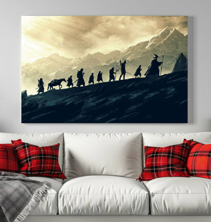 A canvas print titled "Lord of the Rings Silhouette Wall Art Capturing the Epic Quest Through Middle-Earth - The Fellowship's Journey" is displayed.