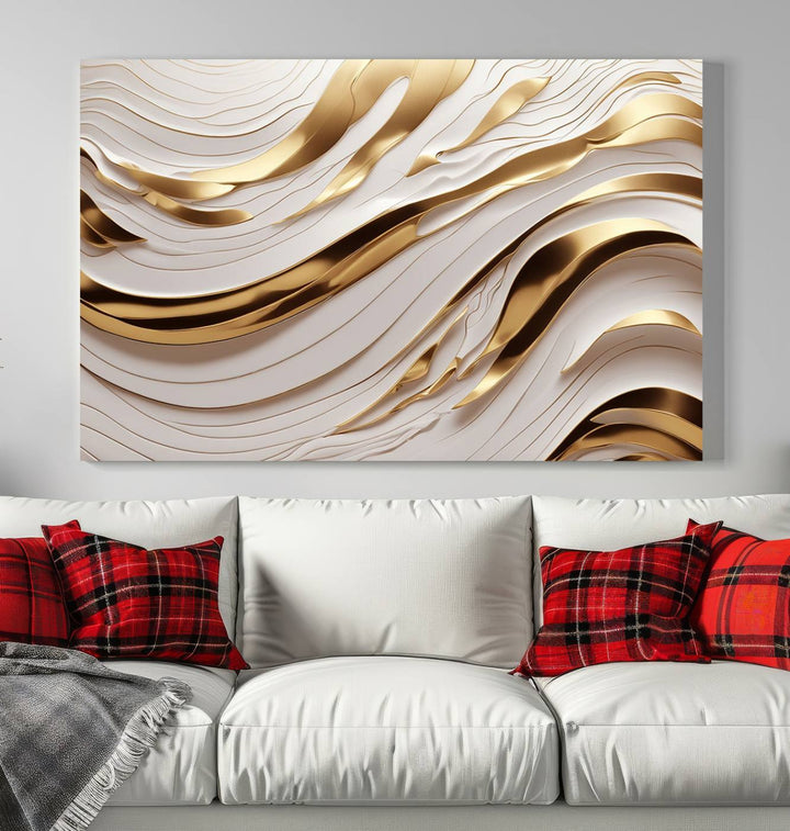 The "Gold and White Abstract Wave Canvas – Elegant Flowing Design with Luxurious Golden Accents" beautifully enhances the area and creates a stunning focal point in the room.