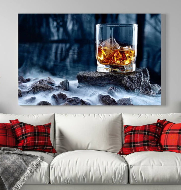 The Whiskey Ice Wall Art Canvas Print, a triptych featuring a glass of whiskey on the rocks, is crafted with a gallery-quality finish on premium canvas.