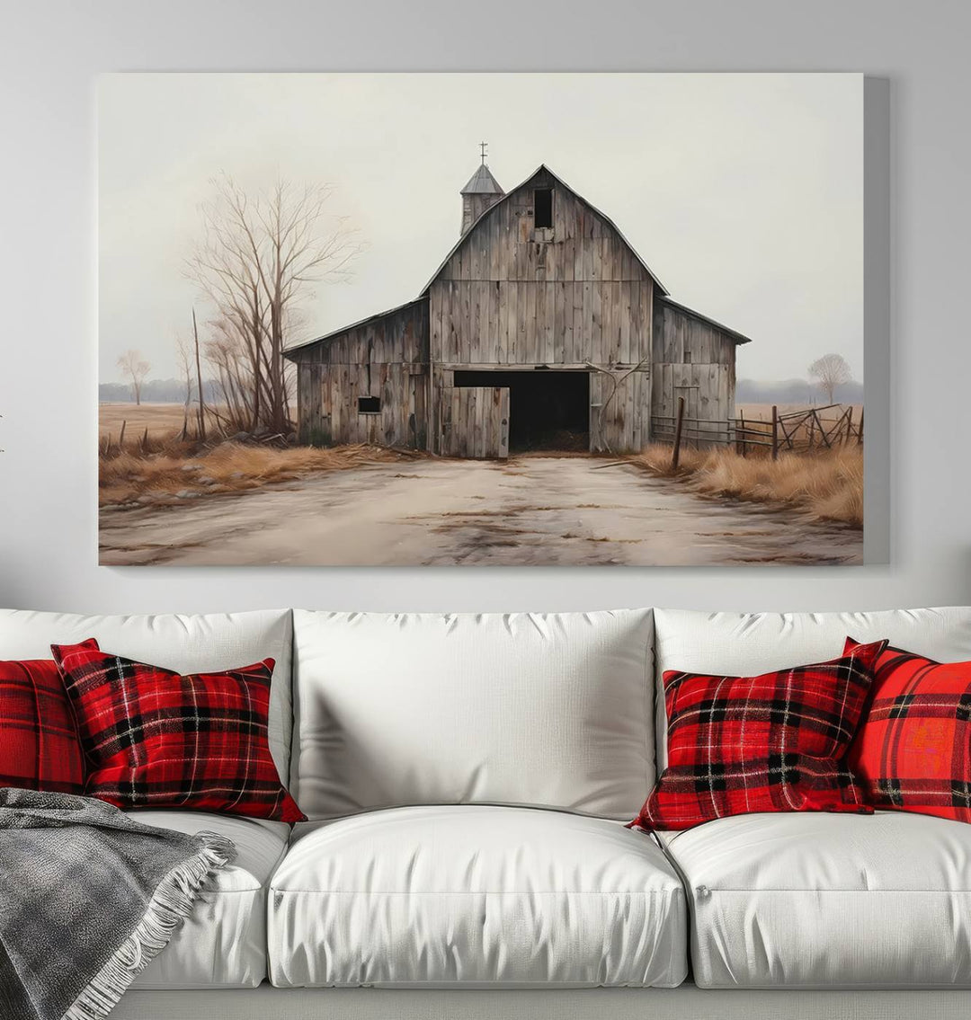 A framed and ready-to-hang Farmhouse Rustic Barn Wall Art Canvas Print is displayed against a gray wall. This stylish modern living room seamlessly combines rural life wall décor with contemporary comfort.