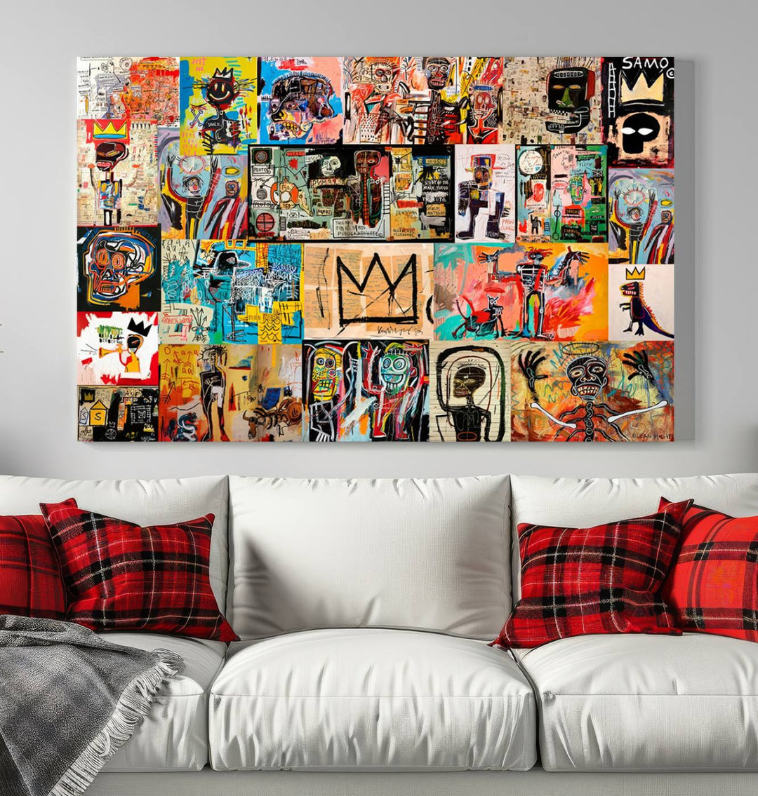 A vibrant Basquiat Art Collage Wall Art Canvas Print in an urban graffiti style adds a modern artistic flair.