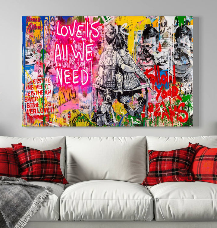 A vivid display of the "Follow Your Dreams & Love is All We Need" graffiti street art energizes a modern room with its three-panel arrangement. This bold giclee canvas print infuses any contemporary space with dynamic flair.