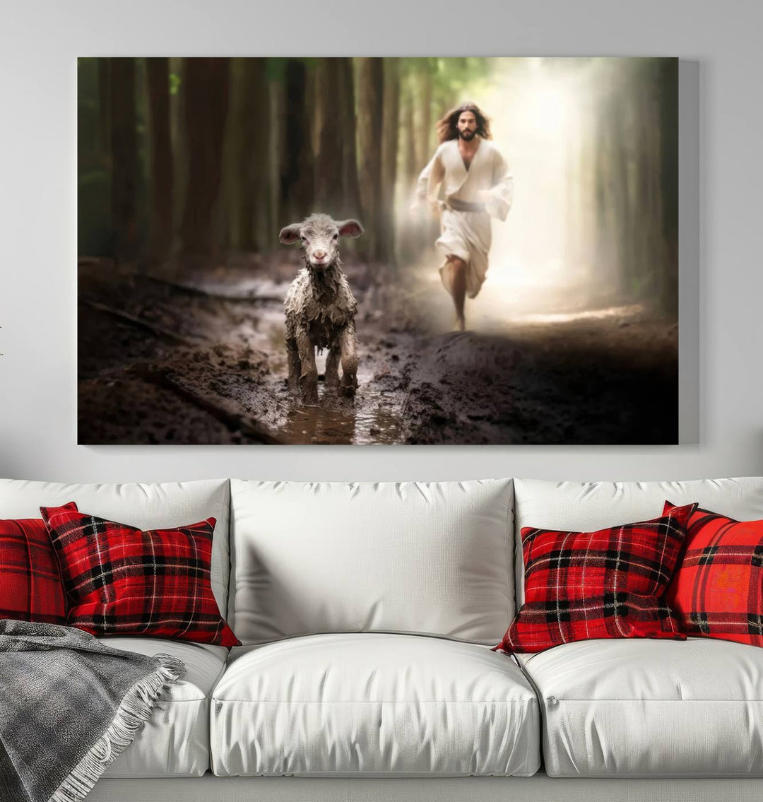 Discover the "Jesus Canvas Wall Art: Jesus Running After Lost Lamb," an exquisite triptych canvas piece that beautifully depicts Jesus in pursuit of a lost lamb within a forest setting. This artwork features a gallery-quality finish and is handmade in the USA, adding both charm and craftsmanship to your space. Perfect for Christian home decor enthusiasts.