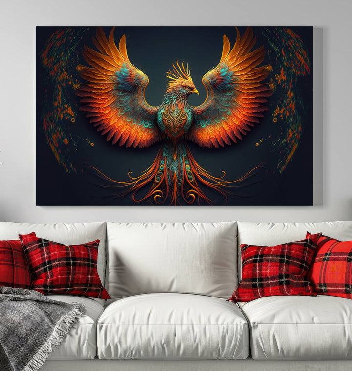 The Majestic Phoenix Wall Art Canvas Set, a fiery symbol of rebirth and strength, graces the wall.