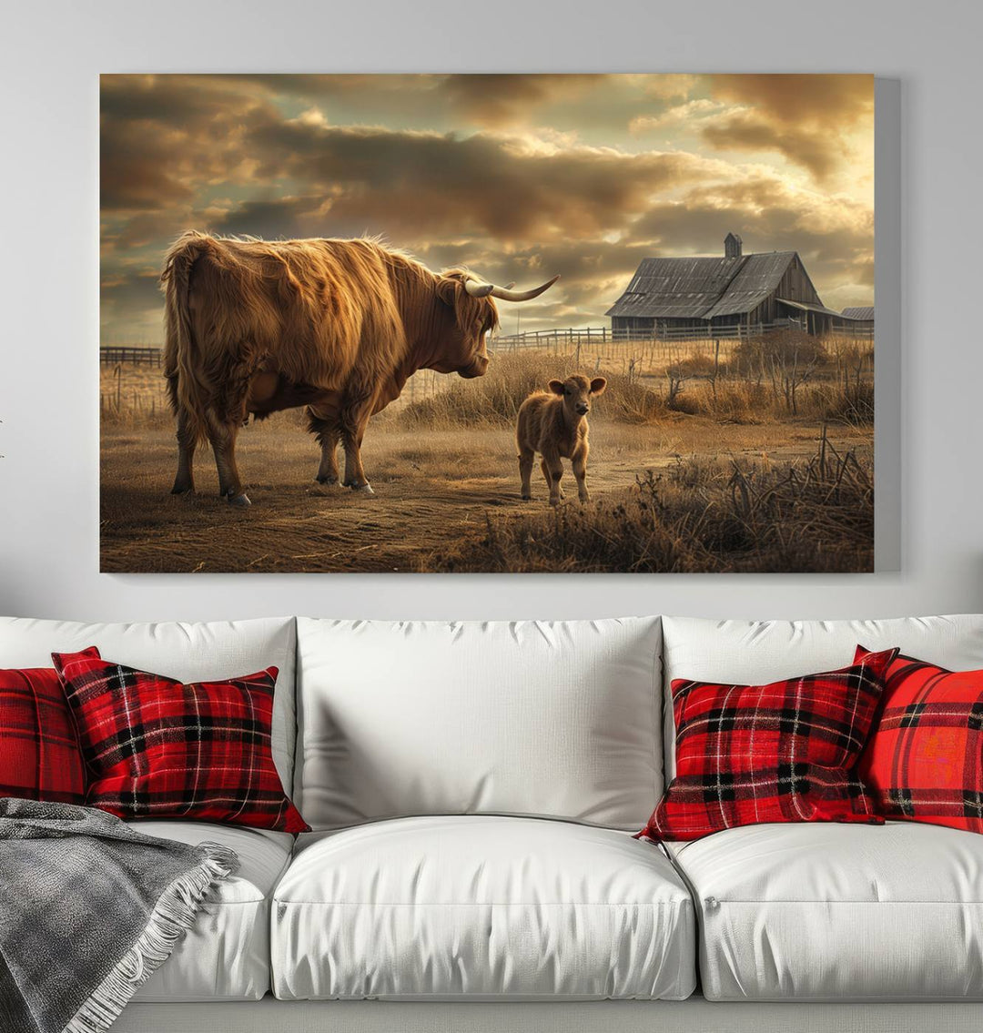 The living room features the "Highland Cow Canvas Wall Art Animal Print Pictures Fluffy Cattle Art," which captures a cow and calf in a rural sunset scene, adding gallery-quality charm.