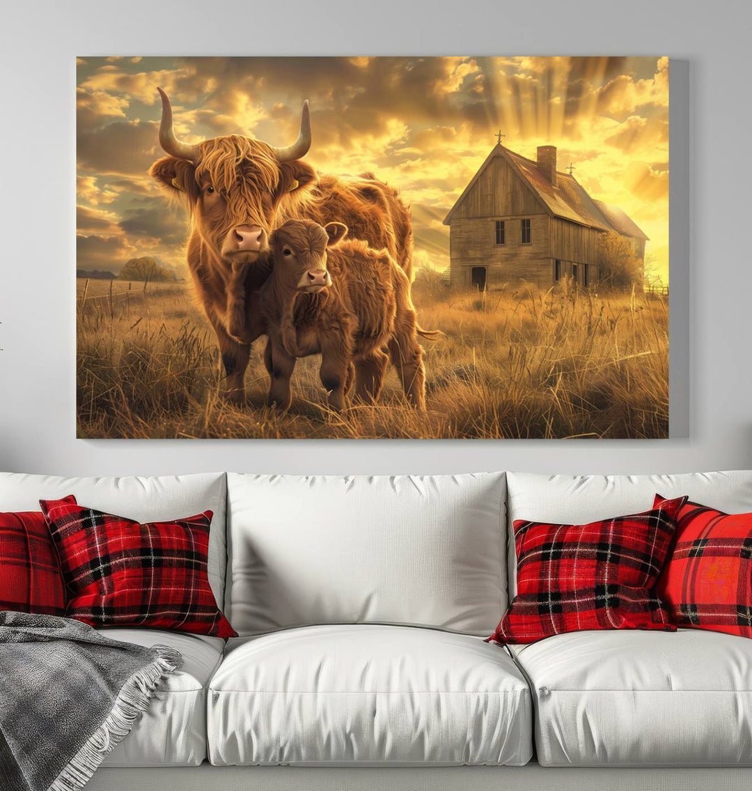 The room features the Barn and Highland Cow Canvas Wall Art Animal Print, a three-panel canvas depicting cows in a sunset field with a rustic barn backdrop. This handmade piece brings charm and character with its gallery-quality finish.