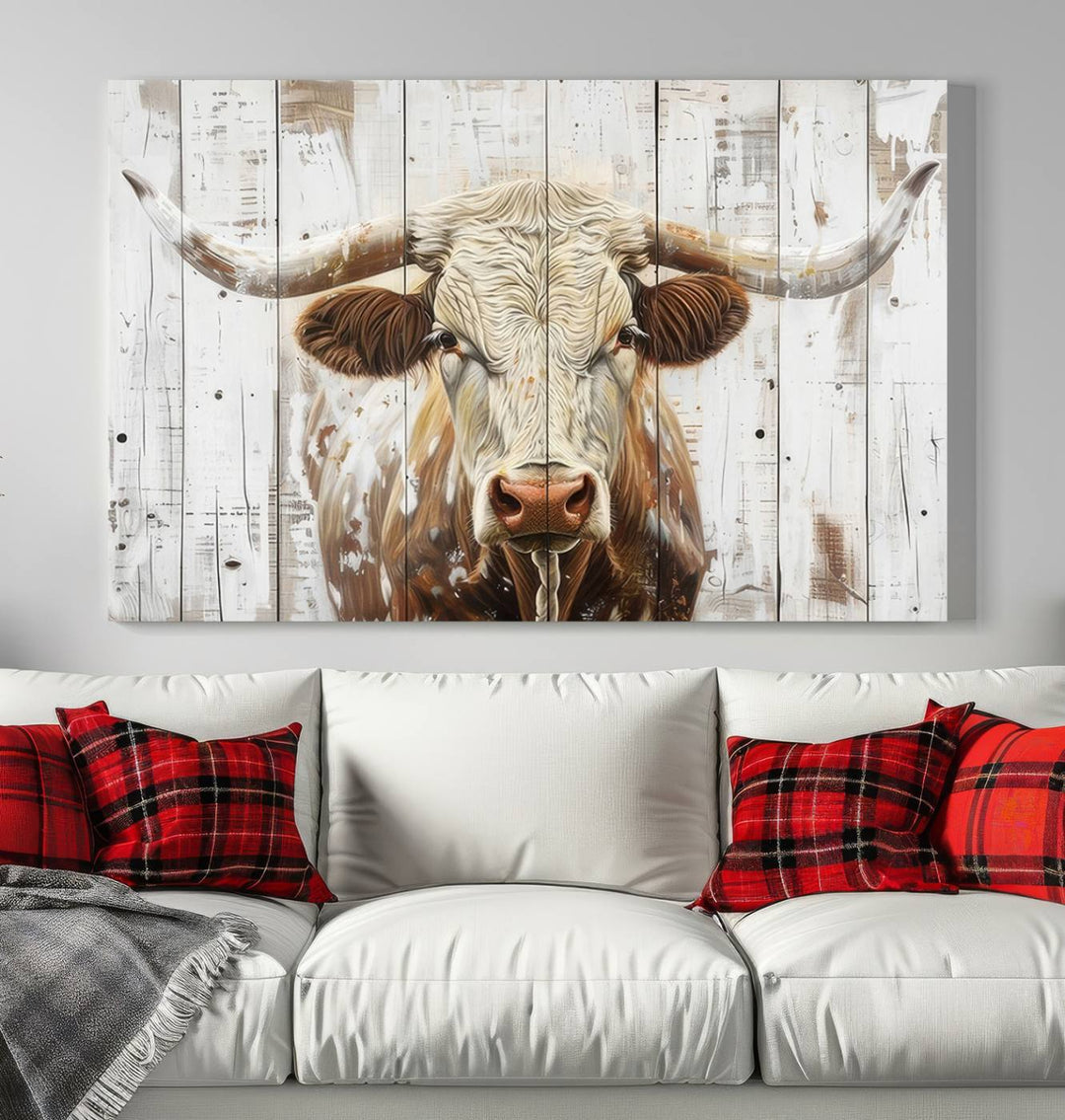 The dimly lit room is enhanced with Western charm by the Rustic Longhorn Bull Wall Art Canvas Set—Western-Inspired Farmhouse Décor, elegantly displayed on the wall.