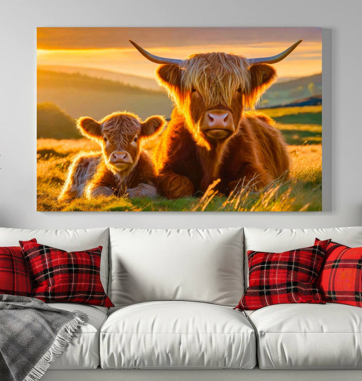 The living room showcases a gallery-quality finish with the Scottish Cow and Baby Cow Canvas Wall Art, featuring a charming animal print of fluffy cattle as the centerpiece. This stunning piece is displayed on premium canvas, creating an inviting atmosphere.