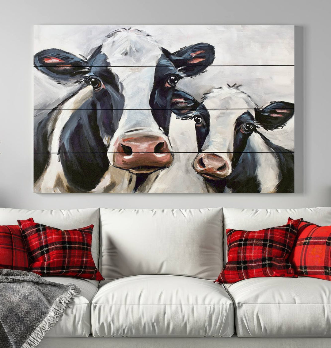 The Vintage Baby and Mom Cattle Wall Art Canvas Print is prominently displayed, adding a touch of contemporary and farmhouse decor to the modern living room.