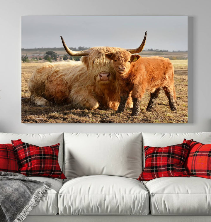 The three-panel canvas artwork, titled "Highland Cow Canvas Wall Art Animal Print for Farm House Decor," features a serene scene of a resting Highland cow and calf in a field. The piece highlights its gallery-quality finish.