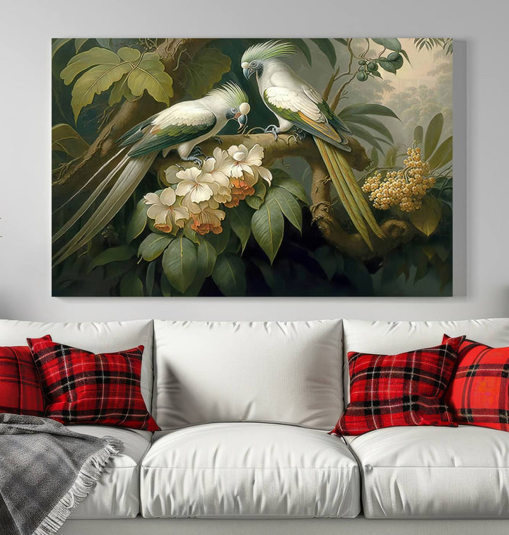 Crafted in the USA, this Tropical Paradise Print wall art features a stunning parrot amidst a lush forest and beautiful flowers.