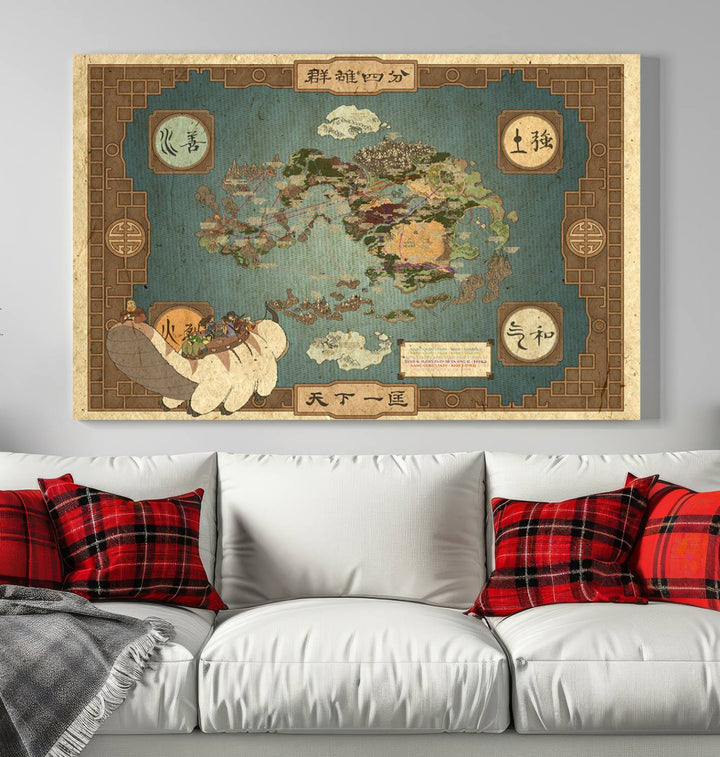 Hanging above is the Avatar: The Last Airbender Vintage Map - Wall Art Canvas Print, framed and ready to hang, showcasing an enchanting glimpse into the iconic four nations design.