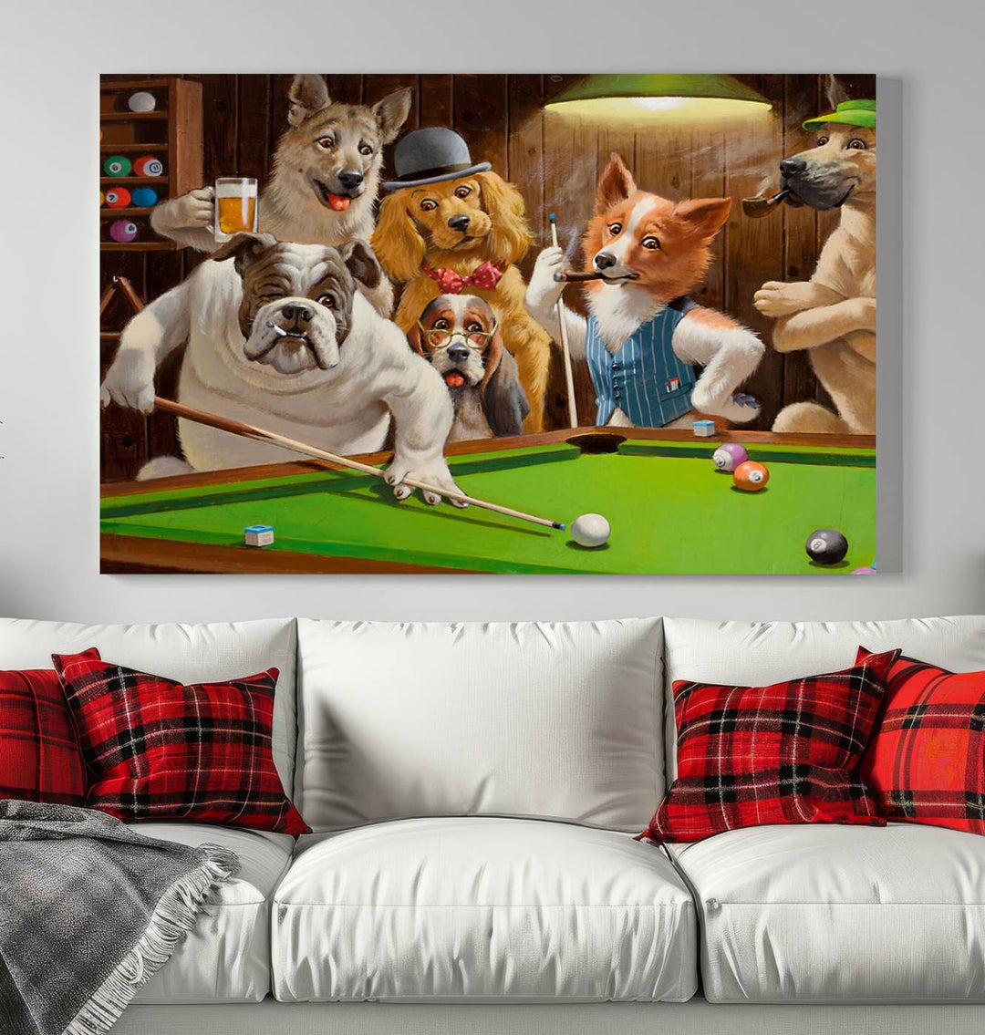 The "Dogs Playing Pool Canvas Wall Art" features a whimsical scene of dogs dressed as humans playing pool in a bar, presented as a three-panel display with a gallery-quality finish.