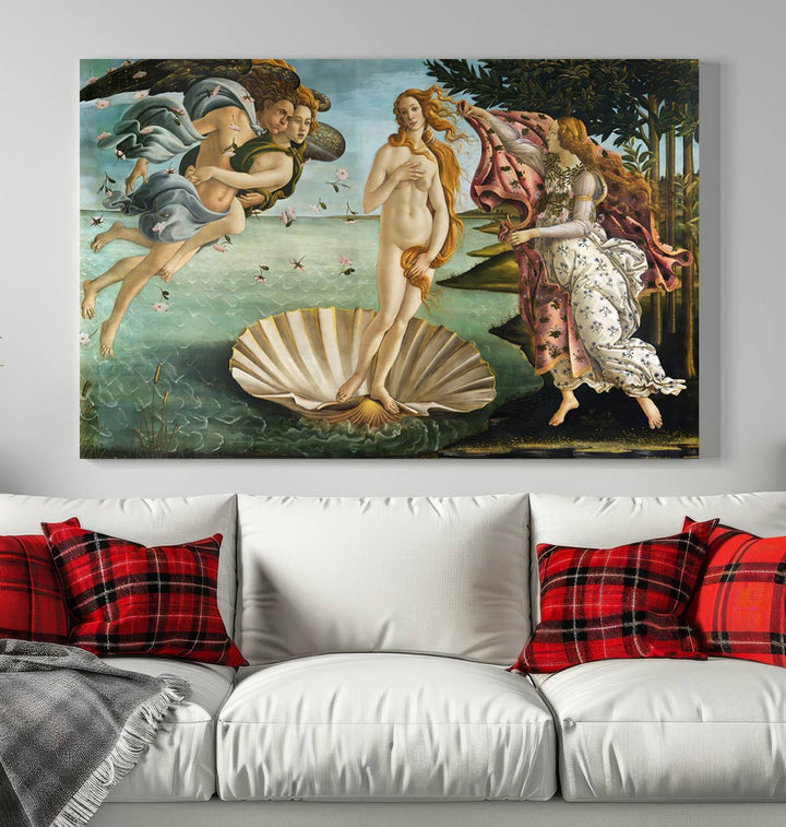 A gallery-quality finish graces the triptych of "The Birth of Venus Sandro Botticelli Reproduction Canvas Print Classic Print," elegantly showcased as a stunning centerpiece. This exquisite canvas artwork enhances the living room's decor, serving as an eye-catching focal point in the space.