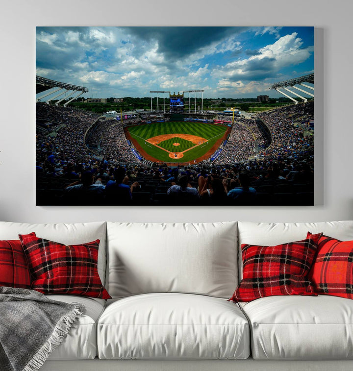 Kauffman Stadium Day Game Triple Canvas Wall Art - Kansas City Royals MLB Match