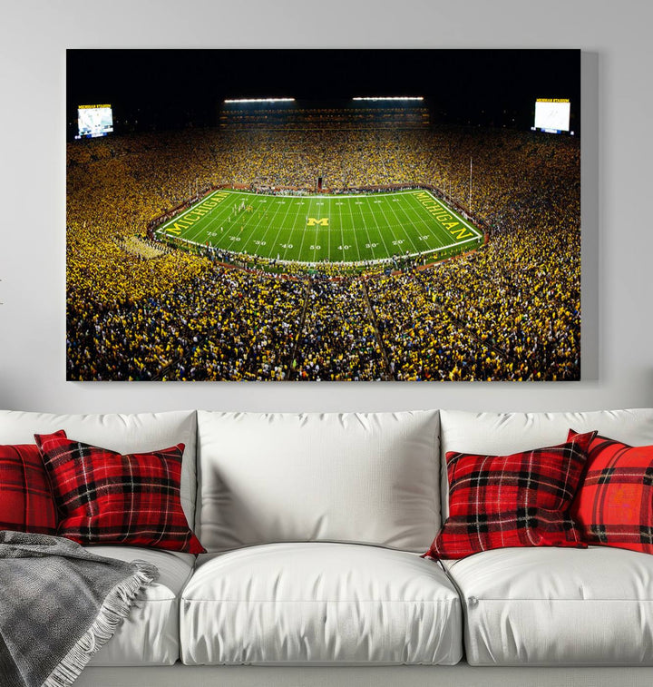 Michigan Wolverines Football Team Print - Michigan Stadium Night Game Triple Canvas Wall Art - University of Michigan Football Match