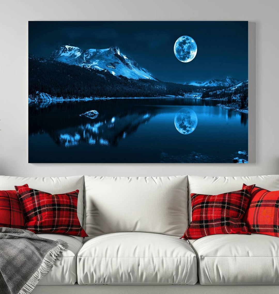 Blue Moon Mountain Lake Landscape Framed Wall Art Canvas Print