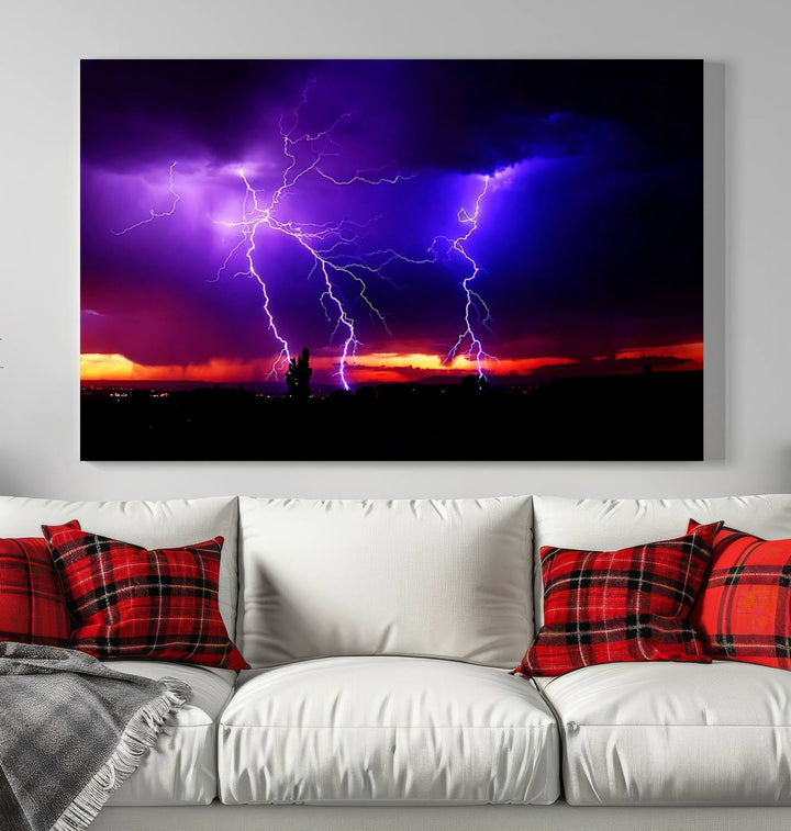 Electrifying Sunset Thunderstorm Canvas Print – Dramatic Lightning and Vibrant Sunset Wall Art