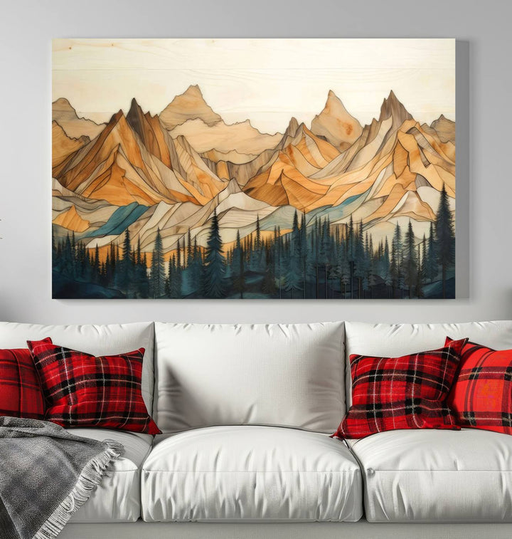 Rustic Wood Style Mountain Wall Art Print | Triptych Giclee Print Featuring Handcrafted Forest and Mountain Range Design | Framed Ready-to-Hang Print