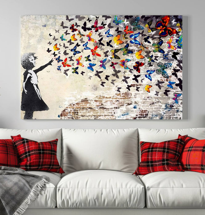 Banksy Style Girl with Butterflies Wall Art - Beautiful Framed Ready-to-Hang Triptych Canvas - Vibrant Butterfly Street Art for Modern Decor