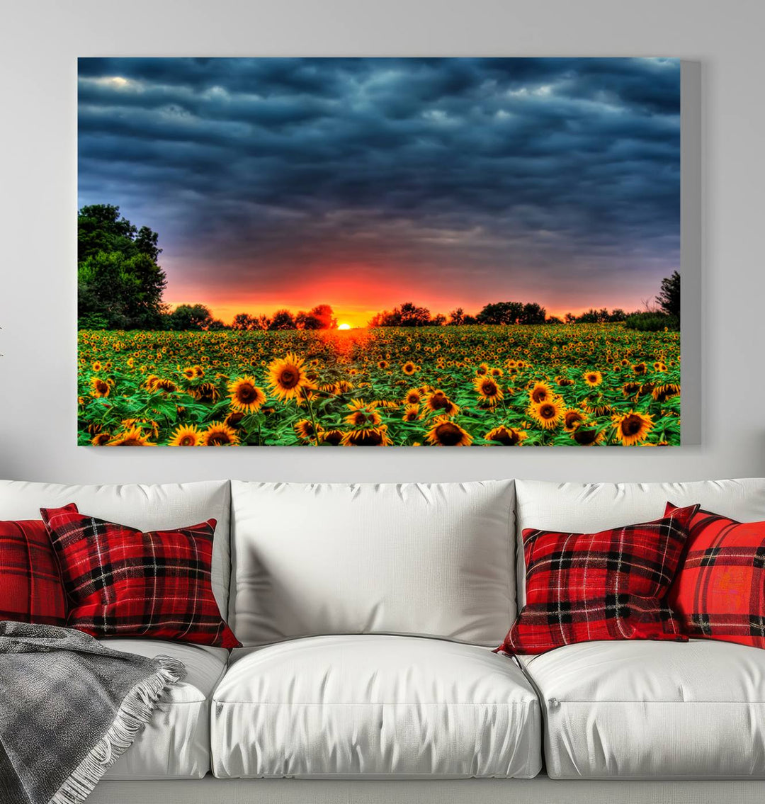 Golden Sunflower Field at Sunset – Breathtaking Sky and Vibrant Flowers, Ready to Hang Wall Art Canvas Print