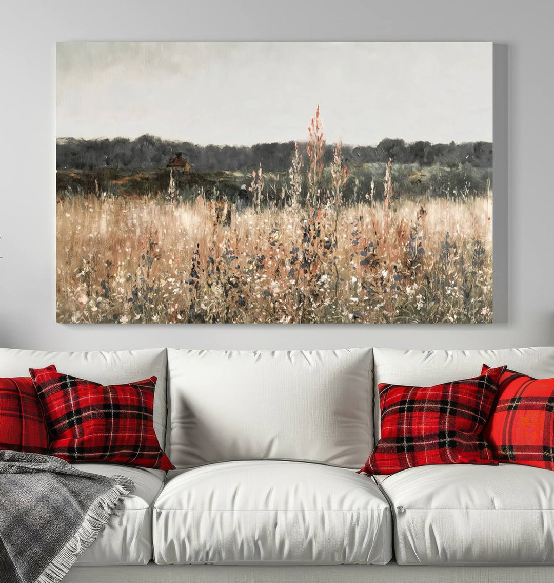 Rustic Field Landscape Triptych, Giclee Canvas Wall Art for Modern Homes, Warm Meadow and Wildflower Art Print, Large Nature Inspired Canvas Print