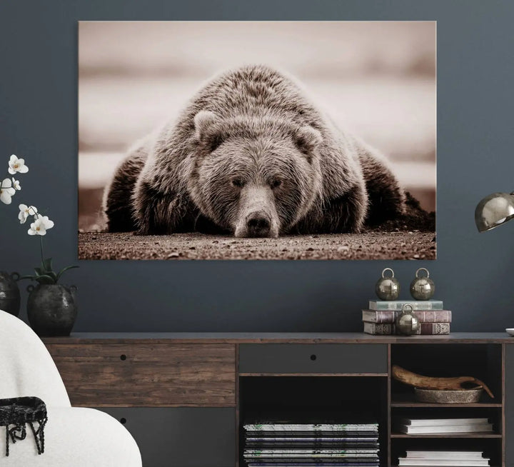 The Grizzly Bear Wall Art Print - a Rustic Bear Portrait Canvas - serves as the centerpiece on the wall, creating an elegant, nature-inspired decor.