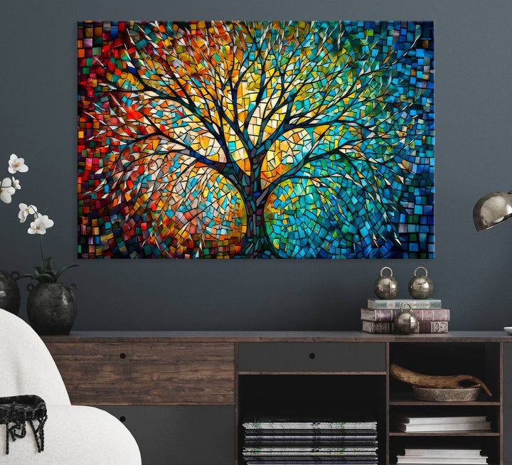 Explore the Yggdrasil Tree of Life Wall Art Print, a 3-panel canvas print made in the USA, featuring a vibrant multicolor mosaic design.