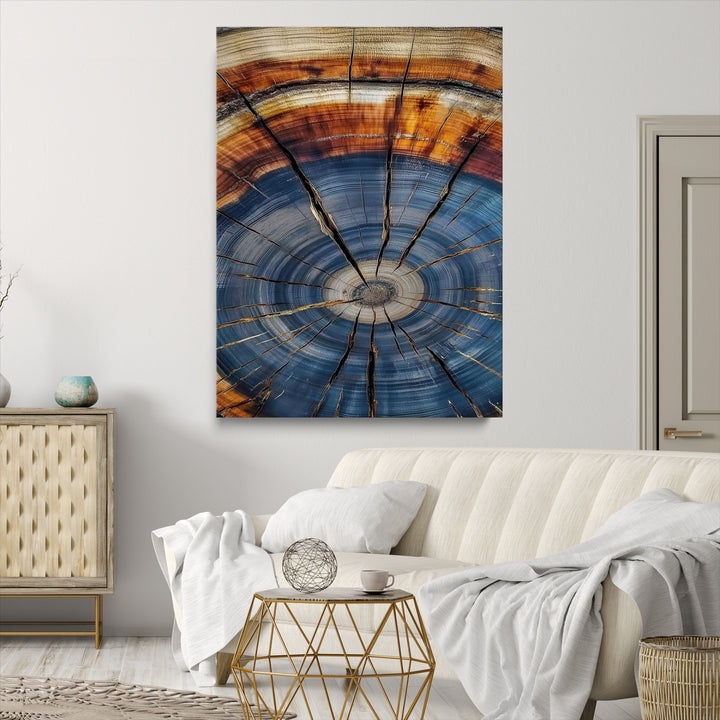 Tree Rings Wall Art Canvas Print, Framed Wood Texture Art Picture Print, Blue Grain Perfect Rustic Modern Decor Artwork, Wood Texture Wall Art Canvas