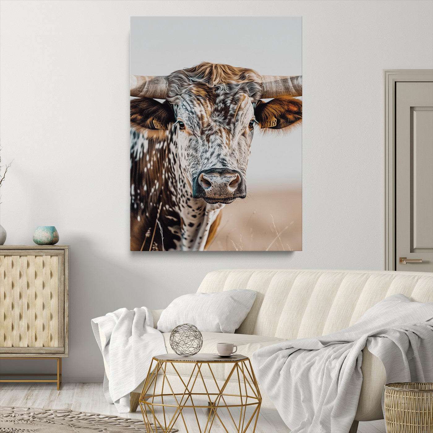 Texas Longhorn Wall Art Canvas Print, Framed Speckled Cow Art Picture Print, Horned Bull Perfect Rustic Western Decor, Texas Longhorn Canvas