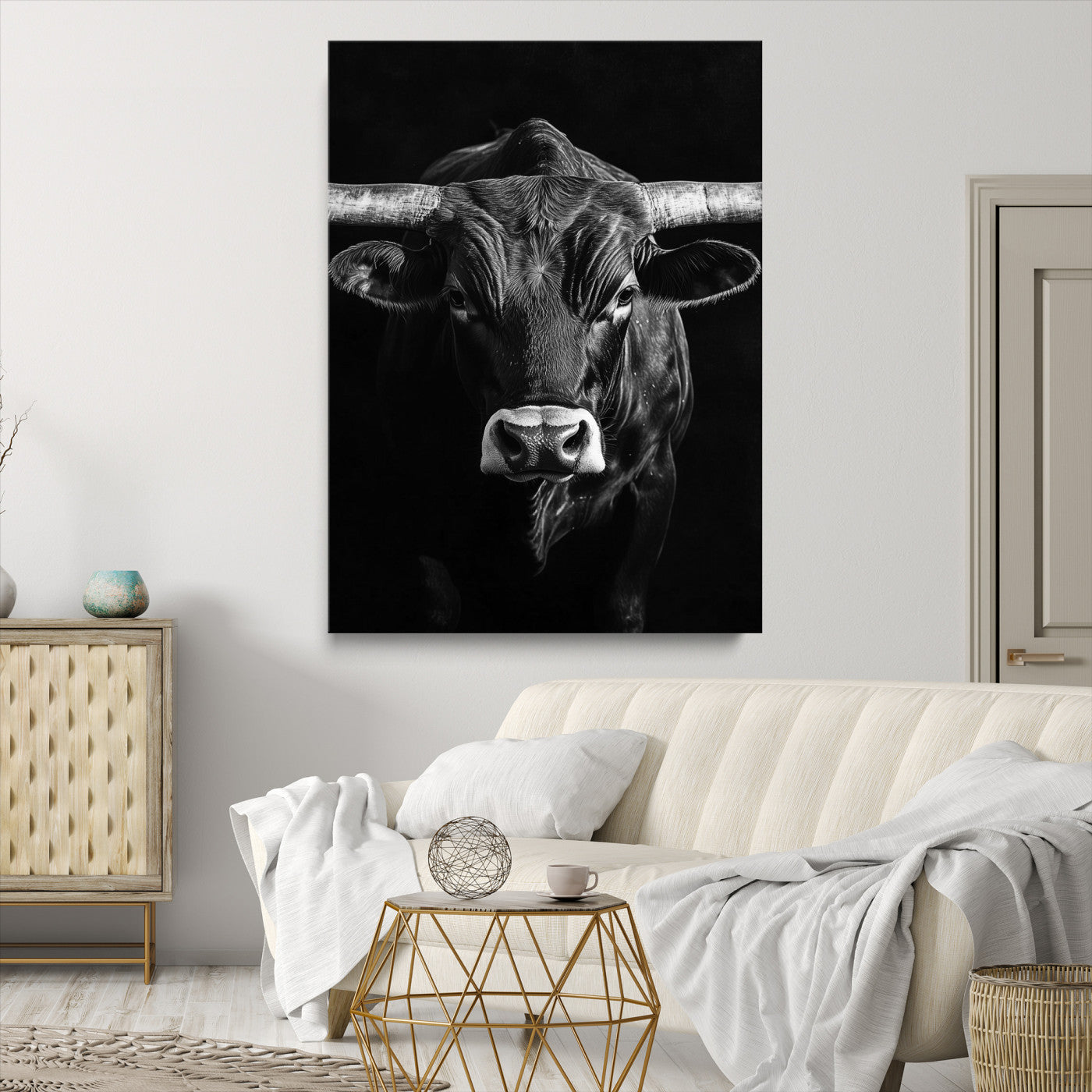 Texas Longhorn Wall Art Canvas Print, Framed Monochrome Bull Art Picture Print, Texas Bull Wall Art Canvas Print