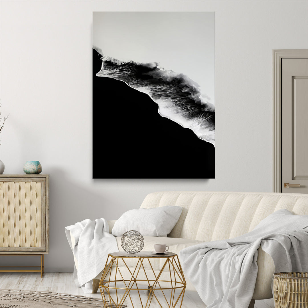 Ocean Wave Wall Art Canvas Print, Abstract Wave Print, Framed Monochrome Sea Art Print, Large Ink Wave Form Printing Perfect for Modern