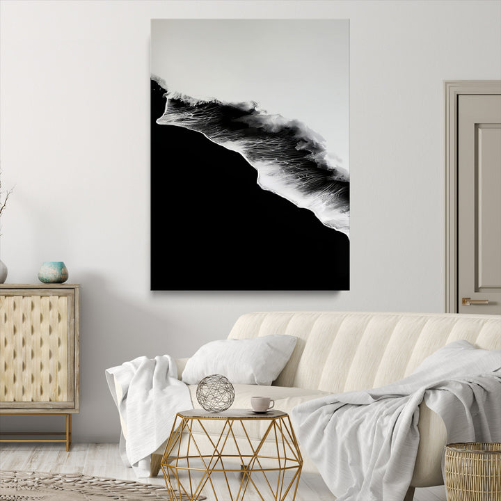 Ocean Wave Wall Art Canvas Print, Abstract Wave Print, Framed Monochrome Sea Art Print, Large Ink Wave Form Printing Perfect for Modern