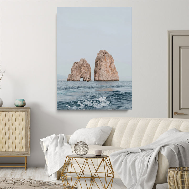 Faraglioni Capri Wall Art Canvas Print, Serene Ocean Print, Framed Mediterranean Coastal Art Print, Large Rocky Ocean Printing
