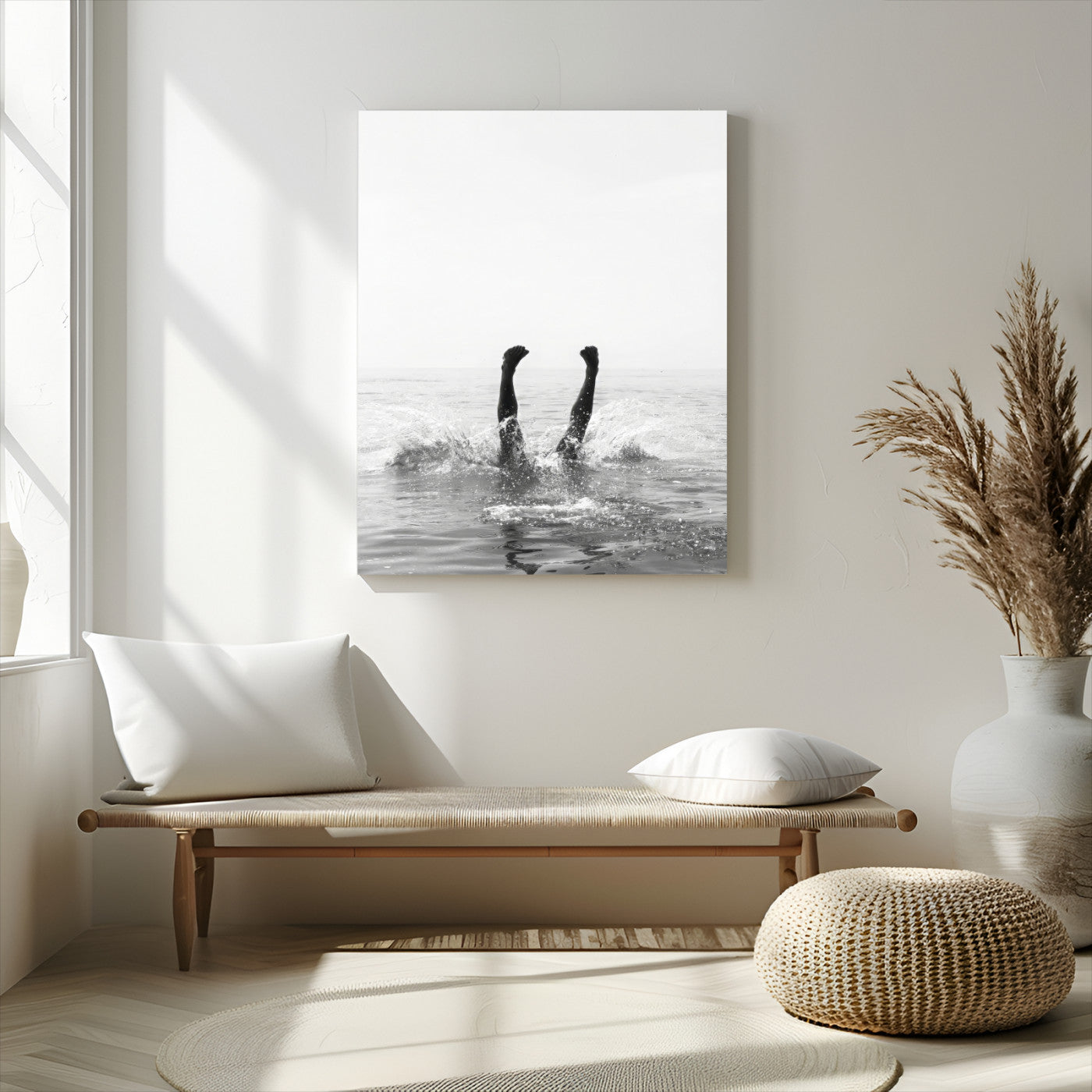 MGV-CV-24X36 - Minimal Ocean Wall Art Canvas Print, Framed Monochrome Diving Art Picture Print, Swimmer in Sea Perfect Minimalist Coastal Decor Artwork